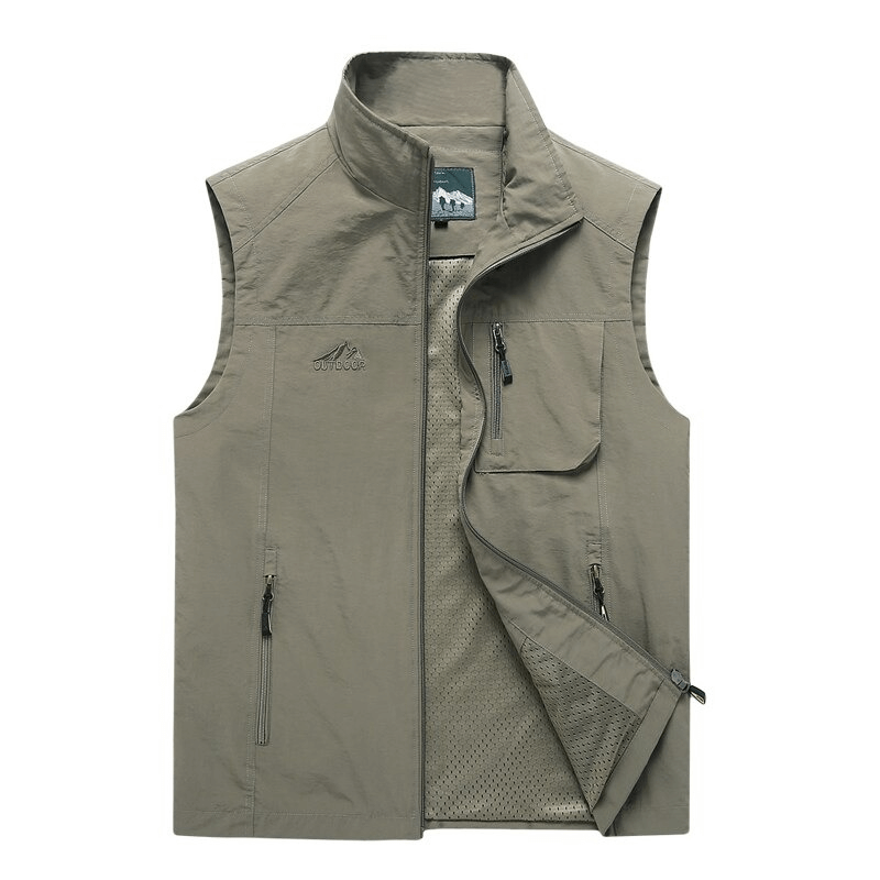 Casual men's stand collar zipper vest with pockets, perfect for travel. Loose fit, sleeveless, high-quality polyester, SF0297.